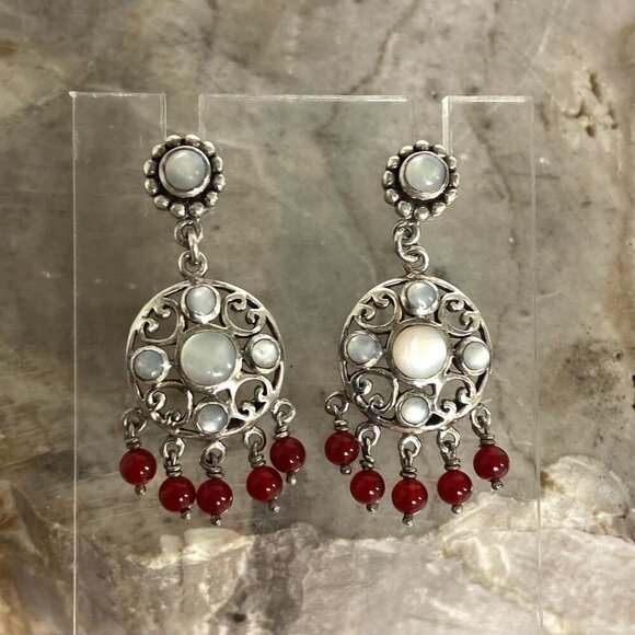 Sterling Silver 925 White Mother Of Pearl Red Beaded Chandelier Dangle Earrings - Picture 3 of 16